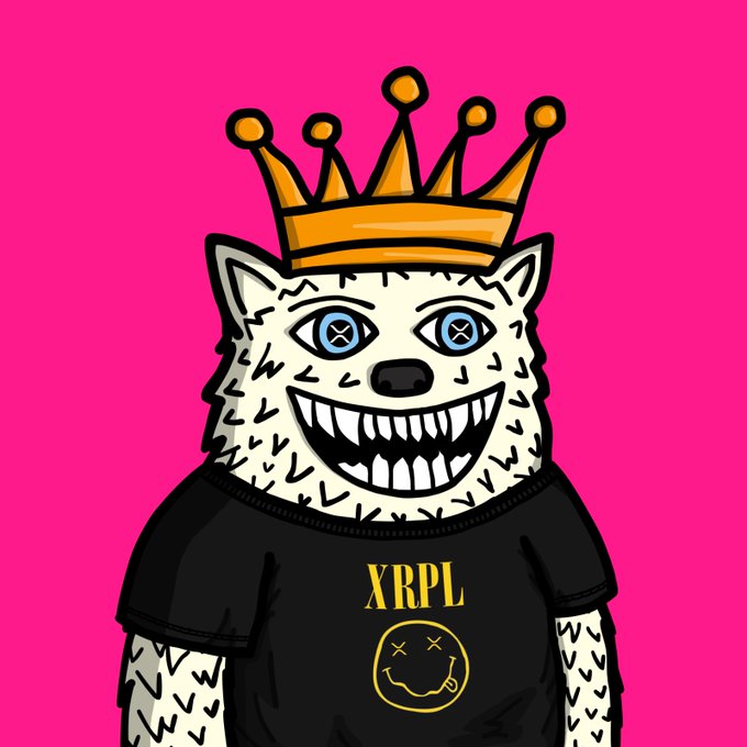 A cartoon illustration of a white wolf-like character with blue button eyes, a gold crown, sharp teeth, and a black t-shirt featuring 'XRPL' and a smiley face logo on a bright pink background.