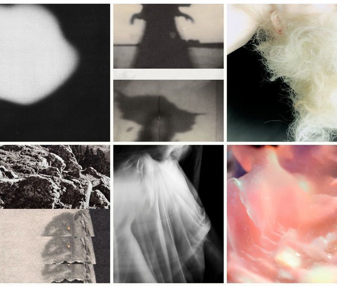 A collage of seven contrasting images including silhouettes, close-up textures of hair and soil, a blurred white figure, and a pink crystalline substance arranged in a grid layout.