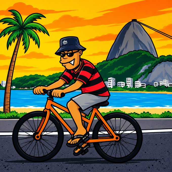 A cartoon illustration of a smiling man in a bucket hat, sunglasses, and a red and black striped shirt riding an orange bicycle along a coastal road at sunset, with Sugarloaf Mountain visible in the background.