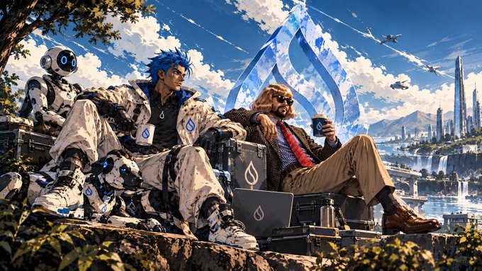 An anime-style illustration depicts two characters lounging with a small robot in a futuristic landscape with a large glowing logo, a city skyline, and flying vehicles in the background.