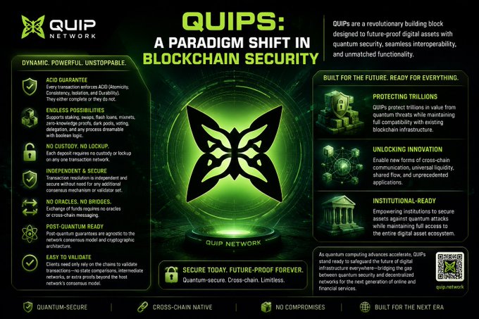 An infographic from Quip Network titled 'QUIPS: A PARADIGM SHIFT IN BLOCKCHAIN SECURITY' detailing features like 'ACID GUARANTEE', 'ENDLESS POSSIBILITIES', and 'NO CUSTODY. NO LOCKUP.'