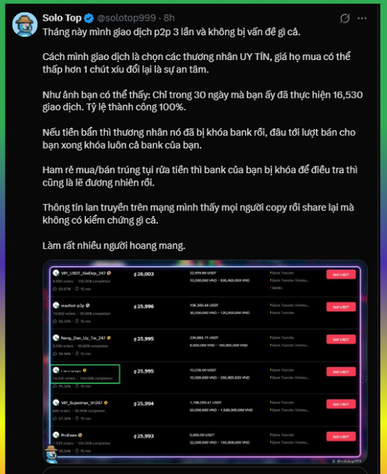 A post by Solo Top (@solotop999) in Vietnamese claiming 100% success on 16,530 P2P trades in 30 days, with a screenshot showing a list of USDT sellers.