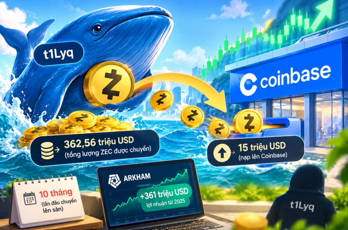 A digital illustration shows a large blue whale carrying Zcash (ZEC) coins, with arrows indicating transfers between Coinbase and 'Arkham' along with text in Vietnamese such as '362,56 triệu USD' and 't1Lyq'.