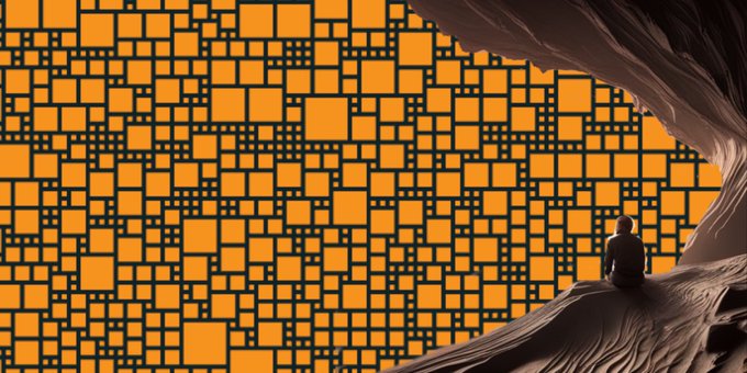 An illustration of a person sitting in a cave opening, looking out at a wall of orange squares connected by dark lines.