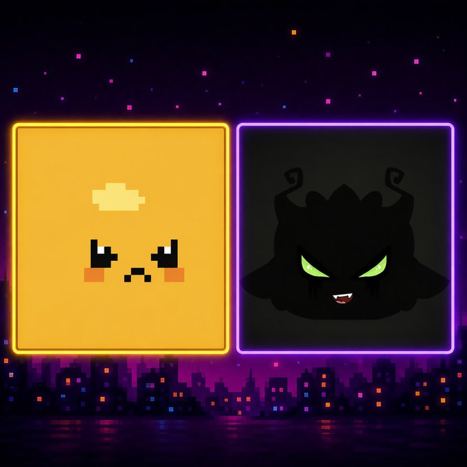 Two pixel-art illustrations in neon-outlined frames: a yellow angry citrus fruit character on the left and a black shadow cat creature with glowing green eyes on the right, set against a retro cityscape.