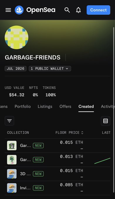 OpenSea profile page for the 'GARBAGE-FRIENDS' NFT collection, showing a $54.32 portfolio value and listing newly created collections with ETH floor prices.