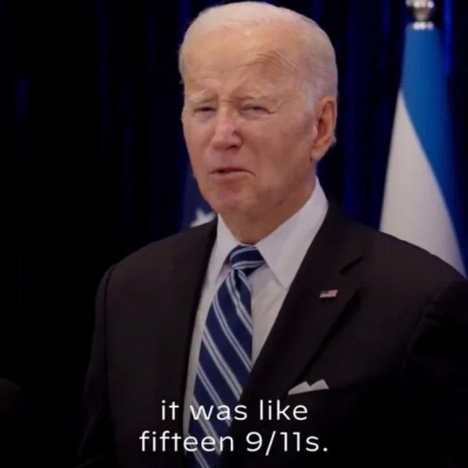 A screenshot of President Joe Biden speaking with subtitle text reading 'it was like fifteen 9/11s.'