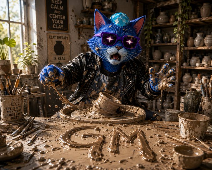 An AI-generated image of a blue cat wearing sunglasses and a leather jacket, joyfully making pottery in a messy studio with signs reading 'KEEP CALM AND CENTER YOUR CLAY', 'CLAY THERAPY IS REAL', 'SLIME', and 'LIFE IS BETTER WHEN YOU'RE HANDS DIRTY'.