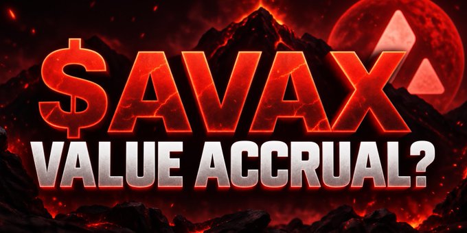 A dramatic promotional graphic for '$AVAX' with the text 'VALUE ACCRUAL?' set against a dark, fiery volcanic landscape with mountains.