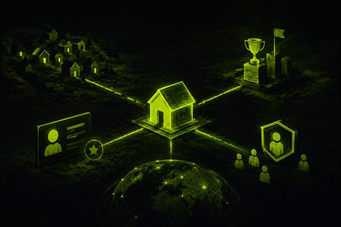 Dark green and black illustration showing a central house icon connected by glowing lines to icons representing a profile card, a star, a globe, a trophy on a podium, and a group of people with a shield icon.