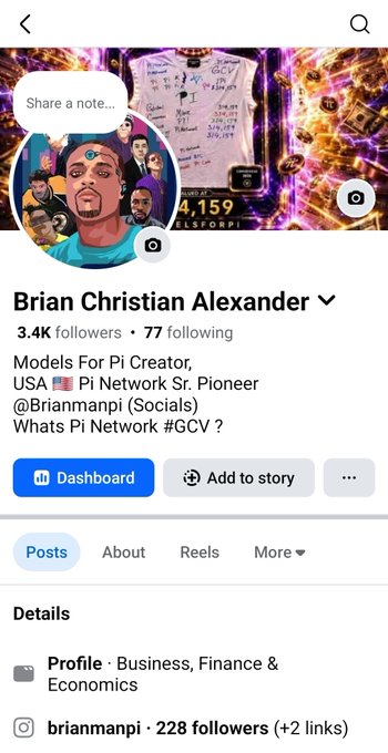 The image shows a Facebook profile page for "Brian Christian Alexander" (@brianmanpi), who identifies as a Pi Network Sr. Pioneer, with 3.4K followers and 77 following. The post context indicates that Brian, a Pi Network community advocate, is announcing he'll share news live on Facebook or TikTok after experiencing technical issues with his X live stream, encouraging followers to connect with him @Brianmanpi across those platforms.