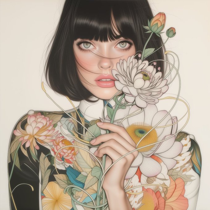 A digital illustration of a striking woman with a sleek black bob and bangs, holding a large white chrysanthemum and orange rose, her garment adorned with intricate floral patterns in soft pastels and greens—visually echoing the post's reference to a collection called "thanks for the flowers" by artist @juggler_nft.