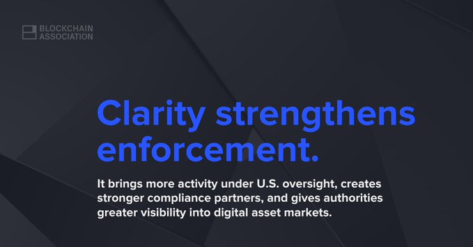 A slide from the Blockchain Association titled "Clarity strengthens enforcement," stating that it brings more activity under U.S. oversight and gives authorities greater visibility into digital asset markets.