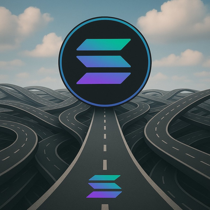 A large Solana (SOL) logo featuring the iconic blue and purple stacked chevrons dominates the sky, with a smaller version of the logo mirrored on the road below, while a central pathway extends forward through a tangled labyrinth of crossing roads beneath a cloudy sky, visually reinforcing the post's message that "ALL ROADS LEAD TO SOLANA."