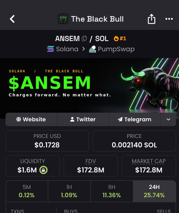 A crypto token page for '$ANSEM' on Solana via PumpSwap, showing a price of $0.1728 (0.002140 SOL), market cap of $172.8M, FDV of $172.8M, and a 24H gain of 25.74%, branded 'The Black Bull'.