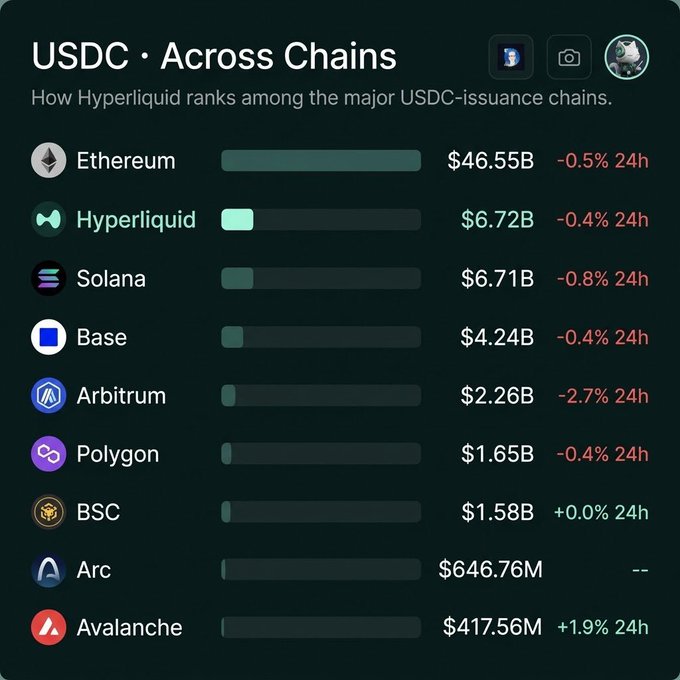 A dark-themed infographic titled "USDC · Across Chains" ranks major USDC-issuance chains, showing Ethereum leading with $46.55B (-0.5% 24h), followed by Hyperliquid at $6.72B (-0.4% 24h), Solana at $6.71B (-0.8% 24h), Base at $4.24B, Arbitrum at $2.26B, Polygon at $1.65B, BSC at $1.58B, Arc at $646.76M, and Avalanche at $417.56M (+1.9% 24h), visually supporting the post's claim that Hyperliquid has just narrowly overtaken Solana in USDC holdings, trailing only Ethereum.