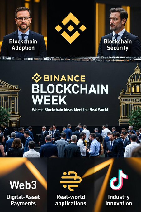 A promotional collage for "Binance Blockchain Week," featuring the Binance logo, the tagline "Where Blockchain Ideas Meet the Real World," and key themes like "Blockchain Adoption," "Blockchain Security," "Web3 Digital-Asset Payments," "Real-world applications," and "Industry Innovation" alongside a TikTok icon, illustrating the event's focus on critical industry questions discussed in the post.