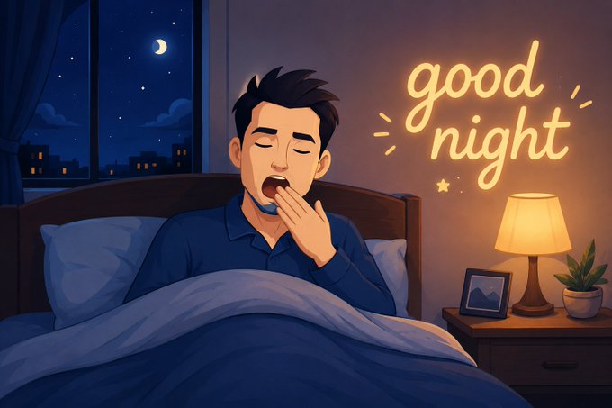 An illustration of a man yawning in bed at night, with a crescent moon visible through the window and 'good night' written in glowing yellow text.