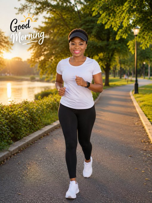 A woman jogs along a sunlit park path, wearing a white t-shirt, black leggings, white sneakers, and a black visor, with "Good Morning" written in the upper left corner. The peaceful morning exercise scene pairs with the post's "Good Morning" greeting, setting an uplifting tone for discussing Beldex's privacy-focused infrastructure shift from Proof of Work to Proof of Stake.