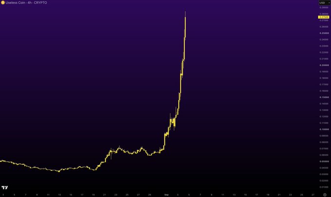 A cryptocurrency price graph for 'Useless Coin' (4h CRYPTO) showing a dramatic upward spike on a dark purple background, with USD pricing ranging from approximately 0.05000 to 0.26000.