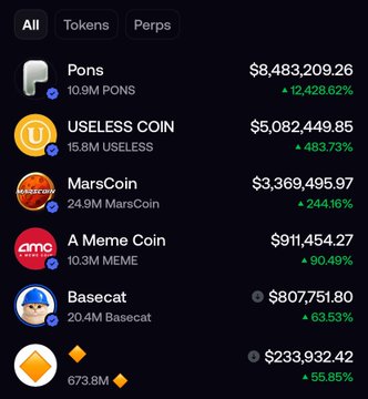 A screenshot of a crypto wallet showing holdings in several meme tokens, including $PONS ($8.48M), $USELESS ($5.08M), $MARSCOIN ($3.37M), $A MEME COIN ($911K), $Basecat ($807K), and an Ethereum balance ($233K). The image illustrates the post's warning about publicly displaying large wallet balances in volatile meme coins, demonstrating exactly the kind of risky flex the author cautions against.