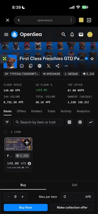 The image shows the OpenSea collection page for "First Class Frenchies GTD Pa..." on ApeChain, with a floor price of 149 APE and total volume of 30.1K APE, supporting the post's excitement about the ApeChain community project.
