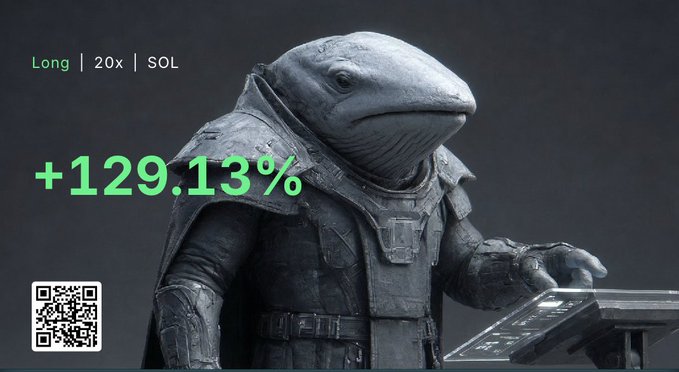 A 3D-rendered dolphin character in armor stands at a control panel, with the text "Long | 20x | SOL" and a large green "+129.13%" displayed, celebrating a highly leveraged profitable trade on Solana. The clever use of a dolphin mascot directly references the post's gratitude to Solana (SOL), highlighting an impressive 129% gain.