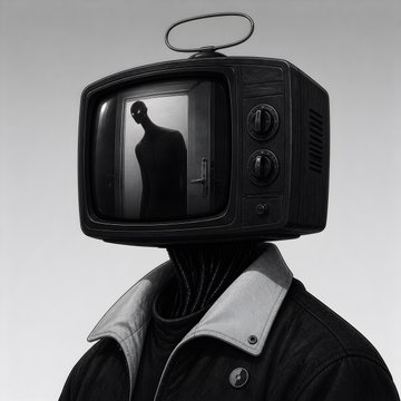 A black-and-white surreal artwork depicting a humanoid figure with an old television set for a head, displaying a shadowy figure inside the screen.