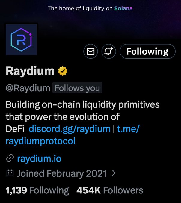 Twitter/X profile page for Raydium (@Raydium), describing itself as 'The home of liquidity on Solana' and 'Building on-chain liquidity primitives that power the evolution of DeFi,' with 1,139 following and 454K followers, joined February 2021.