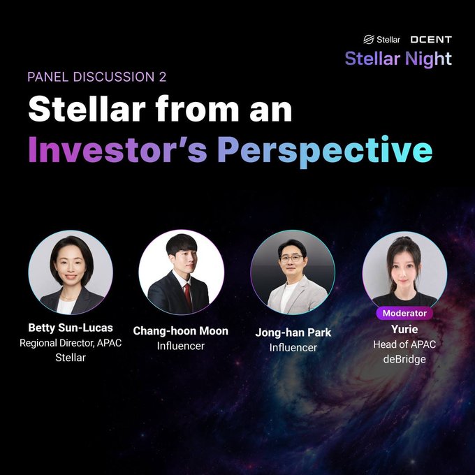 A promotional graphic for 'Stellar Night' Panel Discussion 2 titled 'Stellar from an Investor's Perspective,' featuring headshots of panelists Betty Sun-Lucas (Regional Director, APAC, Stellar), Chang-hoon Moon (Influencer), Jong-han Park (Influencer), and moderator Yurie (Head of APAC, deBridge), with logos for Stellar and DCENT.