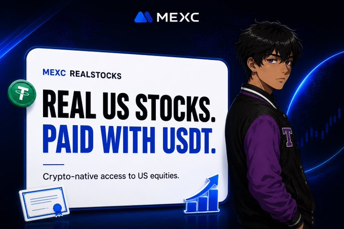 The image features a poster with a young man wearing a purple jacket, standing against a dark blue background. The poster displays text that reads "REAL US STOCKS. PAID WITH USDT." This suggests that the poster is promoting an investment opportunity in real stocks and ETFs. The poster also includes a green circle with a white dot on it, which could be a logo or symbol related to the platform where these investments are available.

The image does not contain any text about cryptocurrency or crypto-native access to US equities. Instead, it focuses on promoting real stock options and ETFs for trading.