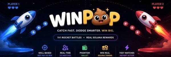 A vibrant promotional banner for "WINPOP" featuring two cartoon rockets (blue for Player 1 and red for Player 2) in a space-themed battle scene, with the tagline "Catch fast. Dodge smarter. Win big." advertising 1v1 rocket battles and Solana token rewards ahead of its PinkSale presale launch.
