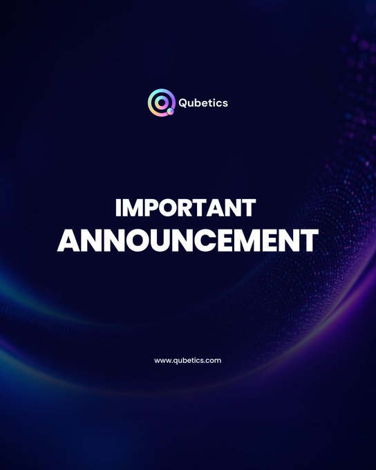 A graphic for Qubetics displays the text 'IMPORTANT ANNOUNCEMENT' with the website www.qubetics.com on a dark blue background.