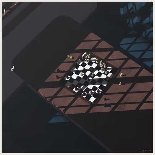 A digital illustration depicts a surreal scene of a chess game with pieces scattered on a checkered board, illuminated by a shaft of light in a dark, atmospheric setting.