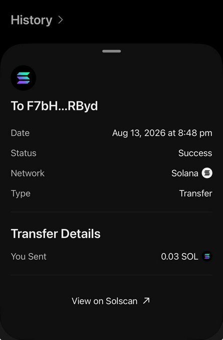 A dark-themed mobile screenshot shows a successful Solana transaction history where "You Sent" 0.03 SOL to address F7bH...RByd on Aug 13, 2026 at 8:48 pm, with a "View on Solscan" link at the bottom—visually supporting the #solana post by demonstrating a completed crypto transfer ready to be shared or tagged with friends.