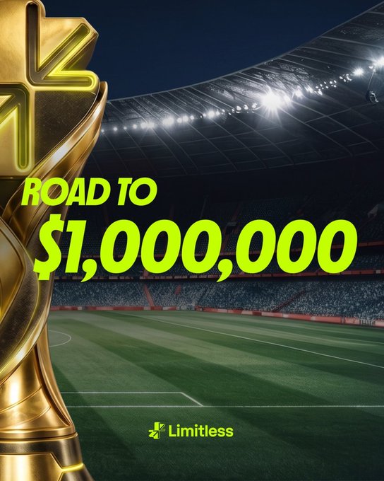 A golden trophy stands beside a soccer stadium under bright lights, with bold yellow text reading "ROAD TO $1,000,000" and the Limitless logo at the bottom—visually promoting the platform's $1M USDC campaign where $800K goes to the top 1,000 leaderboard participants and $200K is distributed through random rewards.