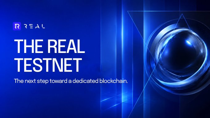Sleek dark blue graphic for 'REAL' announcing 'THE REAL TESTNET' with the subtitle 'The next step toward a dedicated blockchain,' featuring a glowing metallic sphere design.