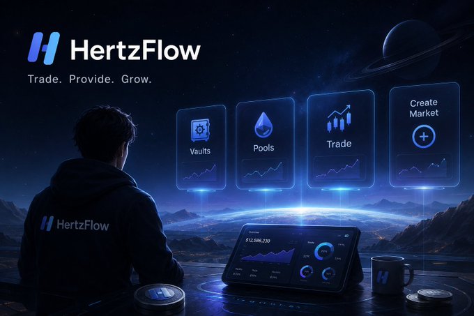 Promotional graphic for "HertzFlow" with the tagline "Trade. Provide. Grow." showing a figure overlooking floating panels labeled Vaults, Pools, Trade, and Create Market, with a dashboard displaying $12,586.230.