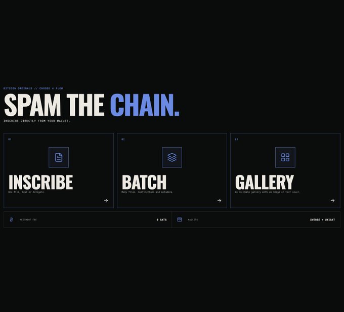 A dark-themed website interface displays 'SPAM THE CHAIN' with three feature boxes labeled 'INSCRIBE', 'BATCH', and 'GALLERY'.
