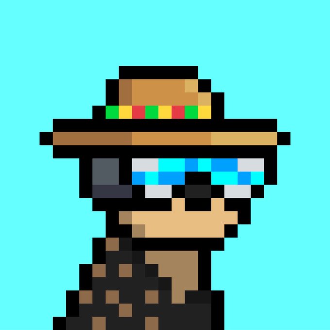 A pixel art illustration on a turquoise background depicting a character wearing a black hat, blue visor, and black jacket with an orange scarf or collar.