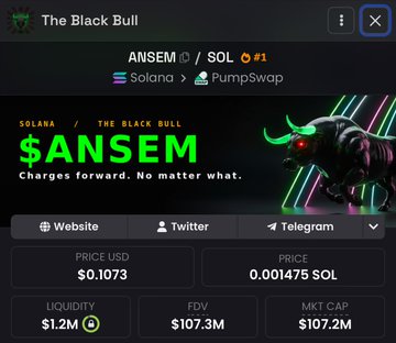 The image shows a trading page for "ANSEM" on Solana/PumpSwap, displaying a price of $0.1073 USD and a market cap of $107.2M. This relates to the post claiming ANSEM's market cap has reached 2x that of MEGA, as the $107.2M figure shown is indeed double a ~$53M market cap, illustrating the "insane" growth described.