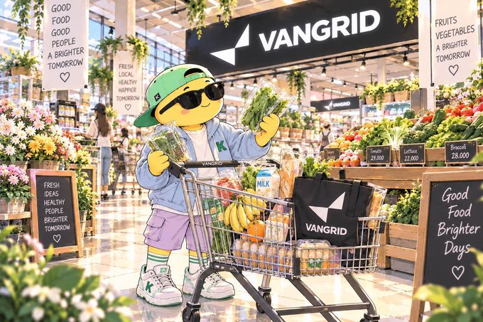 Promotional illustration of a cartoon mascot character shopping at a VANGRID supermarket, surrounded by signage reading 'GOOD FOOD PEOPLE A BRIGHTER TOMORROW' and 'FRESH IDEAS HEALTHY PEOPLE'.