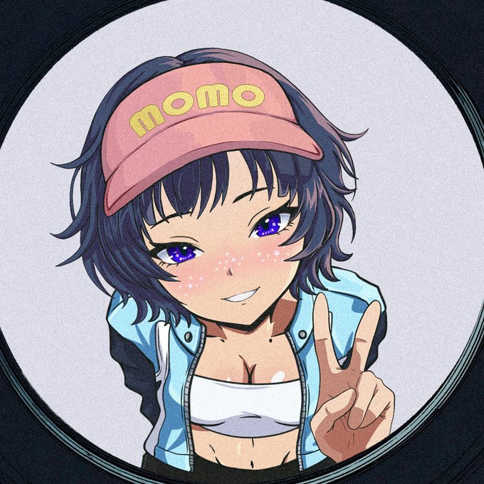 The image is an anime-style illustration framed within a circular border resembling a vinyl record or spotlight, featuring a short-haired dark purple-haired girl wearing a red visor cap with "MOMO" written in yellow lettering, a light blue jacket over a white top, flashing a peace sign with sparkling purple eyes and a blushing smile. This ties directly to the post's caption "gMomo! Enjoy your weekend! ◝(ᵔᵕᵔ)◜," as the character depicted is Momo, matching the playful weekend greeting directed at her.