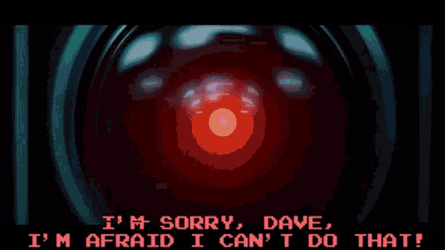 A pixelated red eye with the text "I'M SORRY, DAVE, I'M AFRAID I CAN'T DO THAT!" in pink, referencing HAL 9000's iconic refusal from *2001: A Space Odyssey*—humorously depicting the Fable AI's inability to code when prompted.