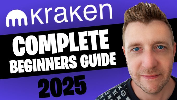 A YouTube thumbnail titled "Kraken Complete Beginners Guide 2025" featuring a man with blue eyes on the right side, set against a purple background with the Kraken logo, promoting Kraken as a regulated crypto exchange accessible to US residents.