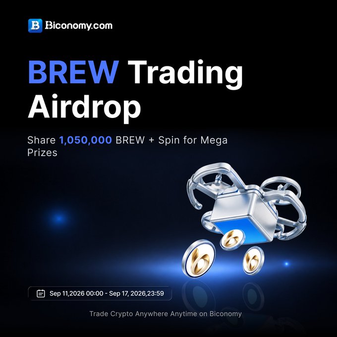 A promotional graphic for Biconomy.com displays 'BREW Trading Airdrop' with text reading 'Share 1,050,000 BREW + Spin for Mega Prizes' alongside a 3D illustration of a drone carrying coins.