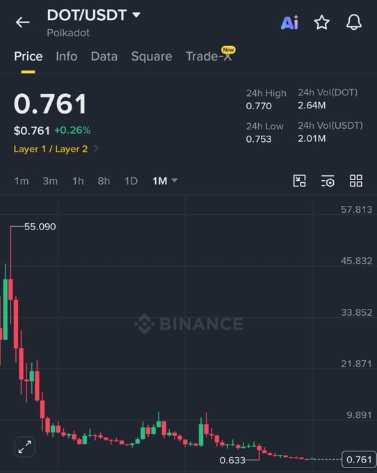 A Binance chart showing DOT/USDT trading at $0.761 (+0.26%), with the 1-month candle chart revealing a dramatic decline from a peak of $55.090 to the current low of $0.633—visually illustrating the ~98% loss that would have turned a $10,000 DOT investment at its peak into roughly $140 today.
