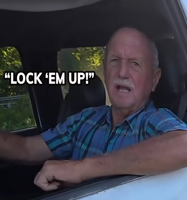 A meme image of an older man in a blue plaid shirt driving a car with an angry expression, overlaid with the text 'LOCK 'EM UP!'.