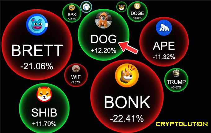 A cryptocurrency chart branded 'CRYPTOLUTION' displays meme coins with their price changes: BRETT -21.06%, DOG +12.20%, APE -11.32%, BONK -22.41%, SHIB +11.79%, TRUMP +3.67%, WIF -3.57%, SPX +2.68%, and DOGE +2.98%.