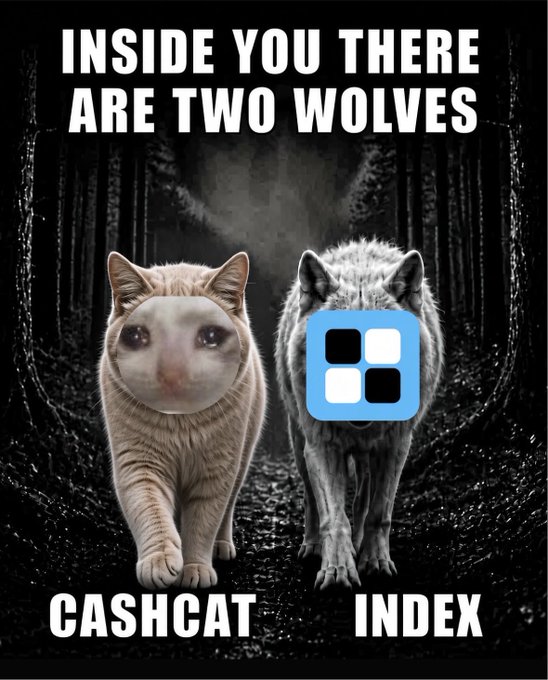 A meme featuring the classic "two wolves" template, with the left wolf replaced by a crying cat labeled "CASHCAT" and the right wolf replaced by a wolf with the Bloomberg Terminal icon labeled "INDEX," visually representing the post's suggestion to choose between the two simple market calls: $CASHCAT at $1B or $INDEX at $100M.